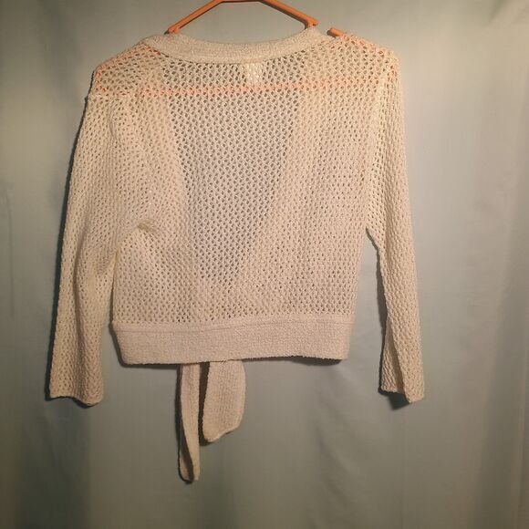 Women’s White Open Knit Tie Front Cardigan Sweater Long Sleeve Lightweight. - Picture 4 of 4